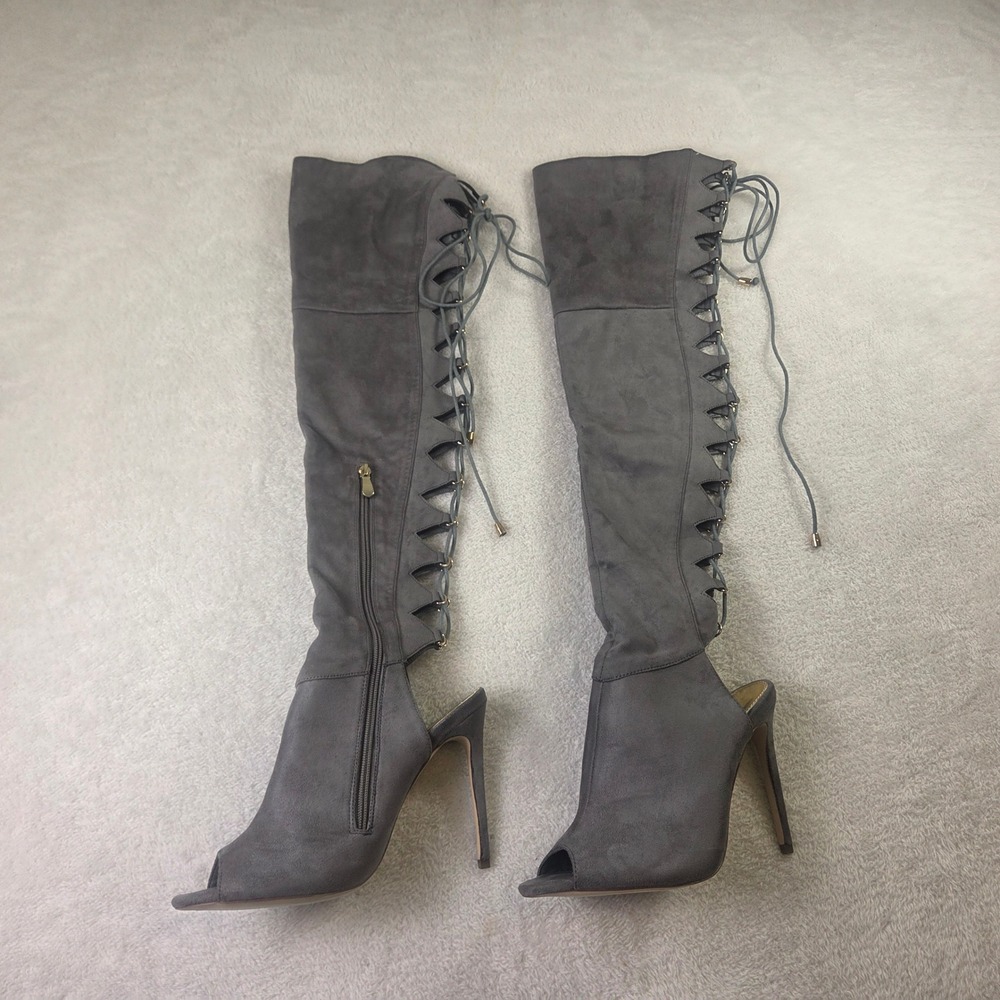 Gray Faux Suede Lace Up Over The Knee Peep Toe Stiletto Boots Womens 8.5 S1206